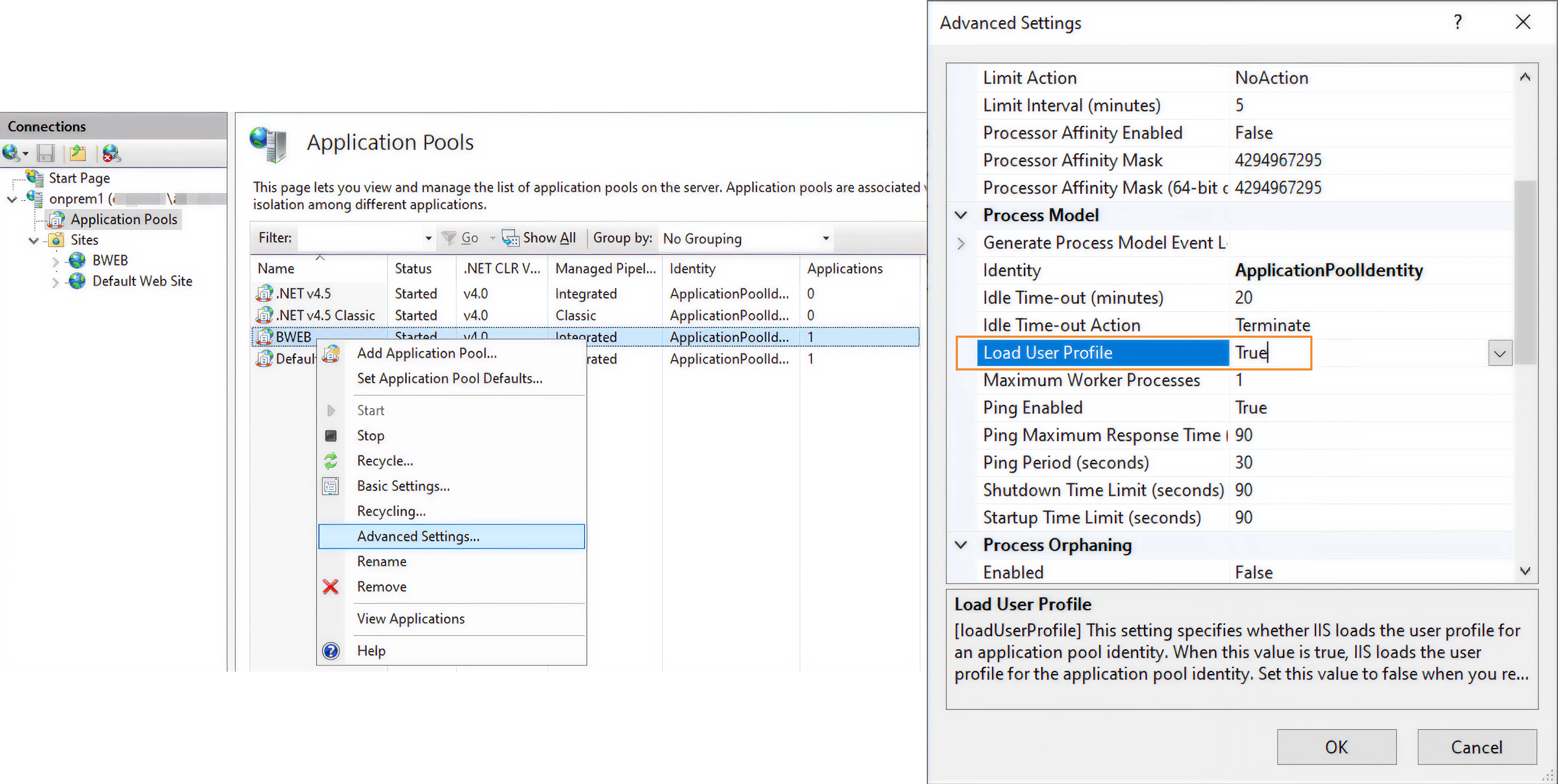 Advanced settings for application pools in IIS, highlighting 'Load User Profile' option.